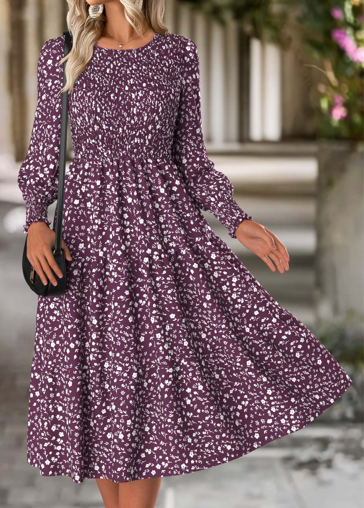Purple dresses,Ditsy Floral dresses,Everyday dresses,Casual dresses,ROTITA Tummy Coverage Ditsy Floral Print Purple Round Neck Dress