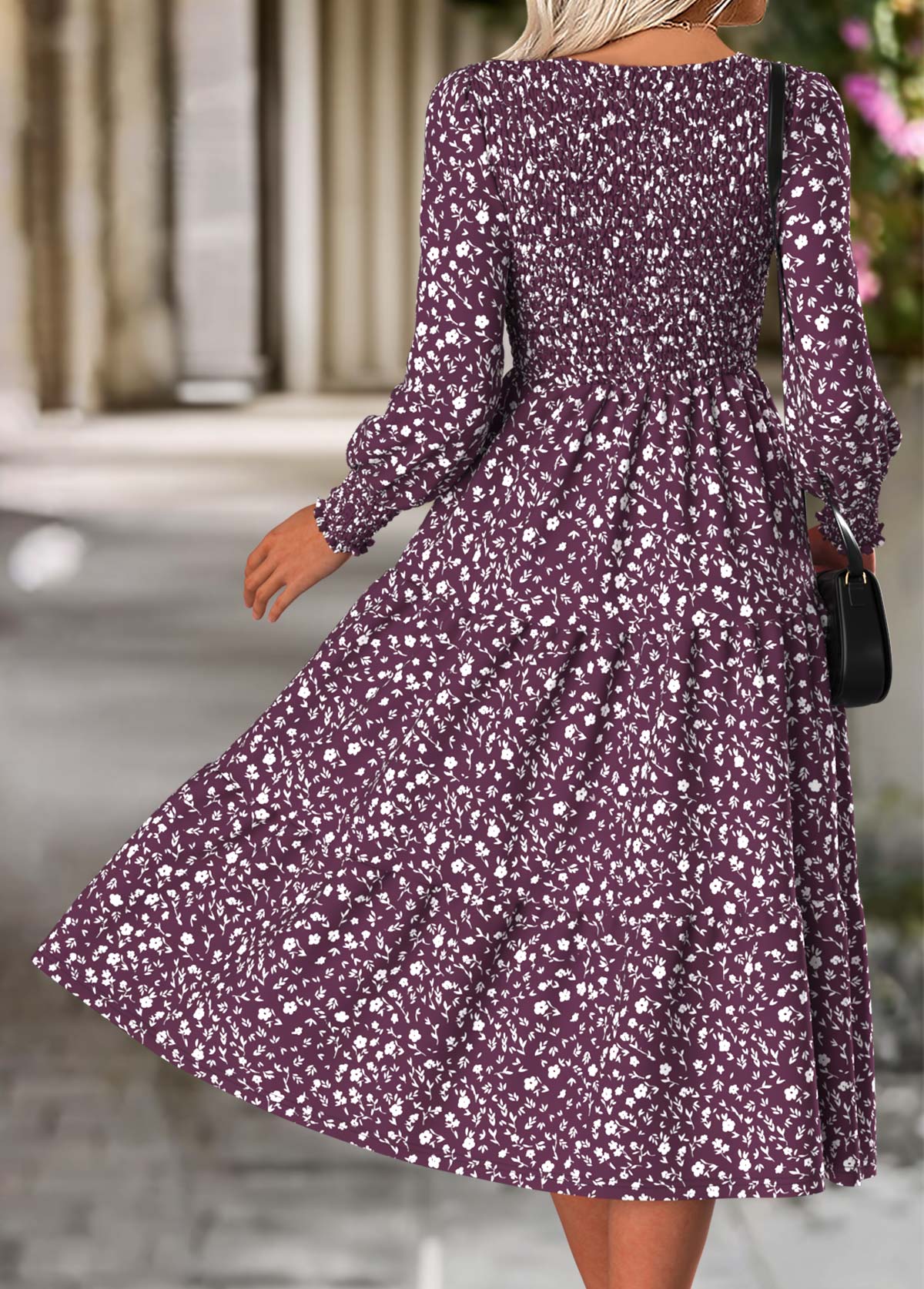 Purple dresses,Ditsy Floral dresses,Everyday dresses,Casual dresses,ROTITA Tummy Coverage Ditsy Floral Print Purple Round Neck Dress