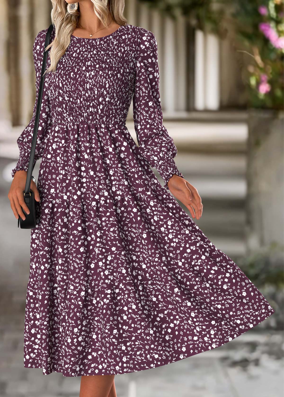 Purple dresses,Ditsy Floral dresses,Everyday dresses,Casual dresses,ROTITA Tummy Coverage Ditsy Floral Print Purple Round Neck Dress