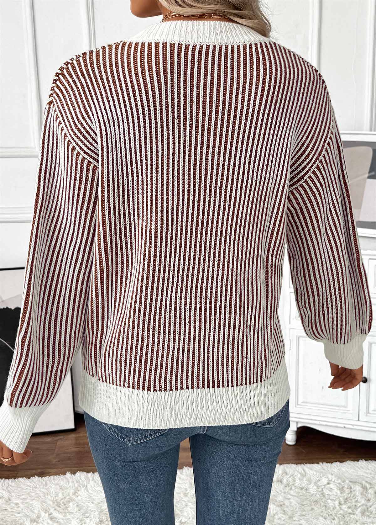 Dark Coffee tops,Contrast Color tops,Tummy Coverage Dark Coffee Round Neck Long Sleeve Sweater