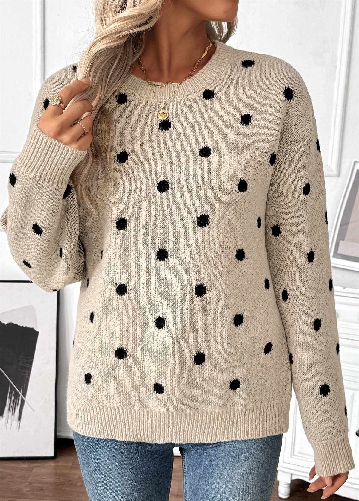Light Camel tops,Dot tops,Tummy Coverage Polka Dot Light Camel Round Neck Sweater
