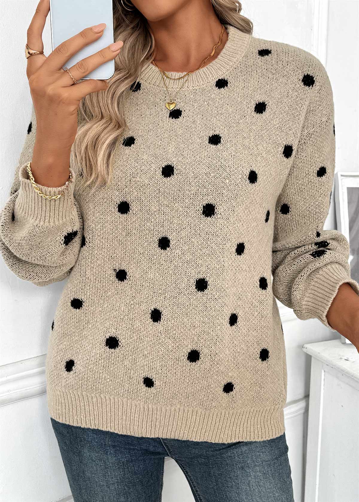 Light Camel tops,Dot tops,Tummy Coverage Polka Dot Light Camel Round Neck Sweater