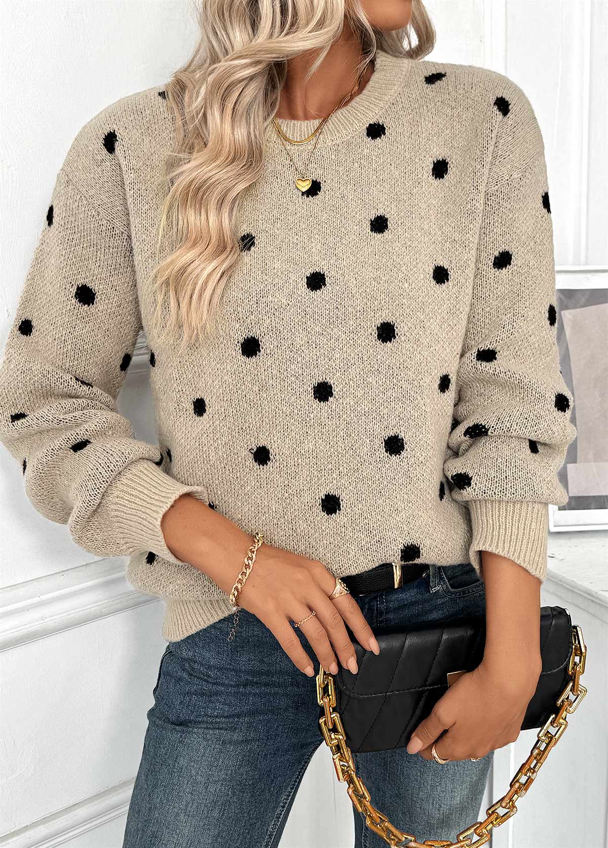 Light Camel tops,Dot tops,Tummy Coverage Polka Dot Light Camel Round Neck Sweater