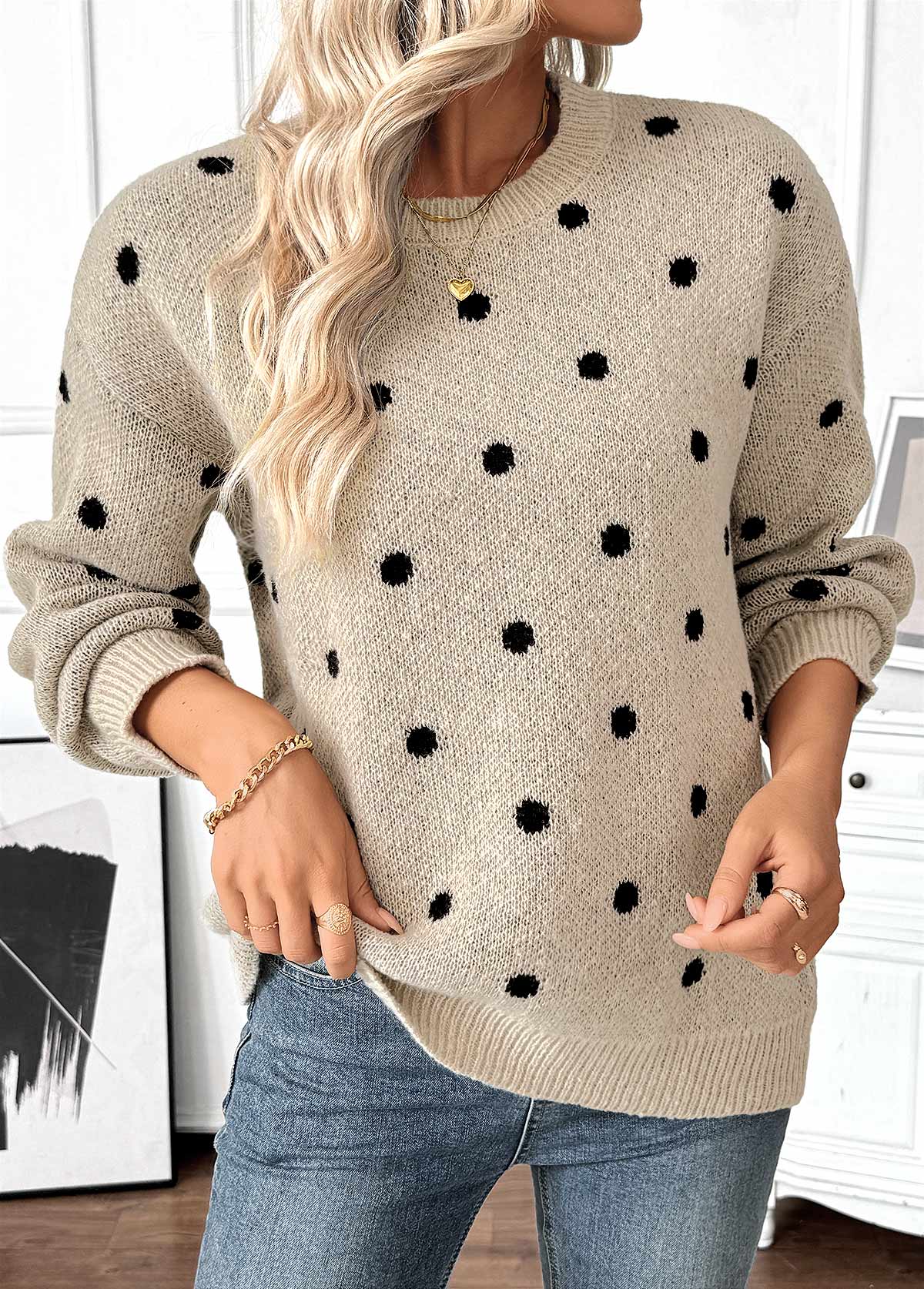 Light Camel tops,Dot tops,Tummy Coverage Polka Dot Light Camel Round Neck Sweater