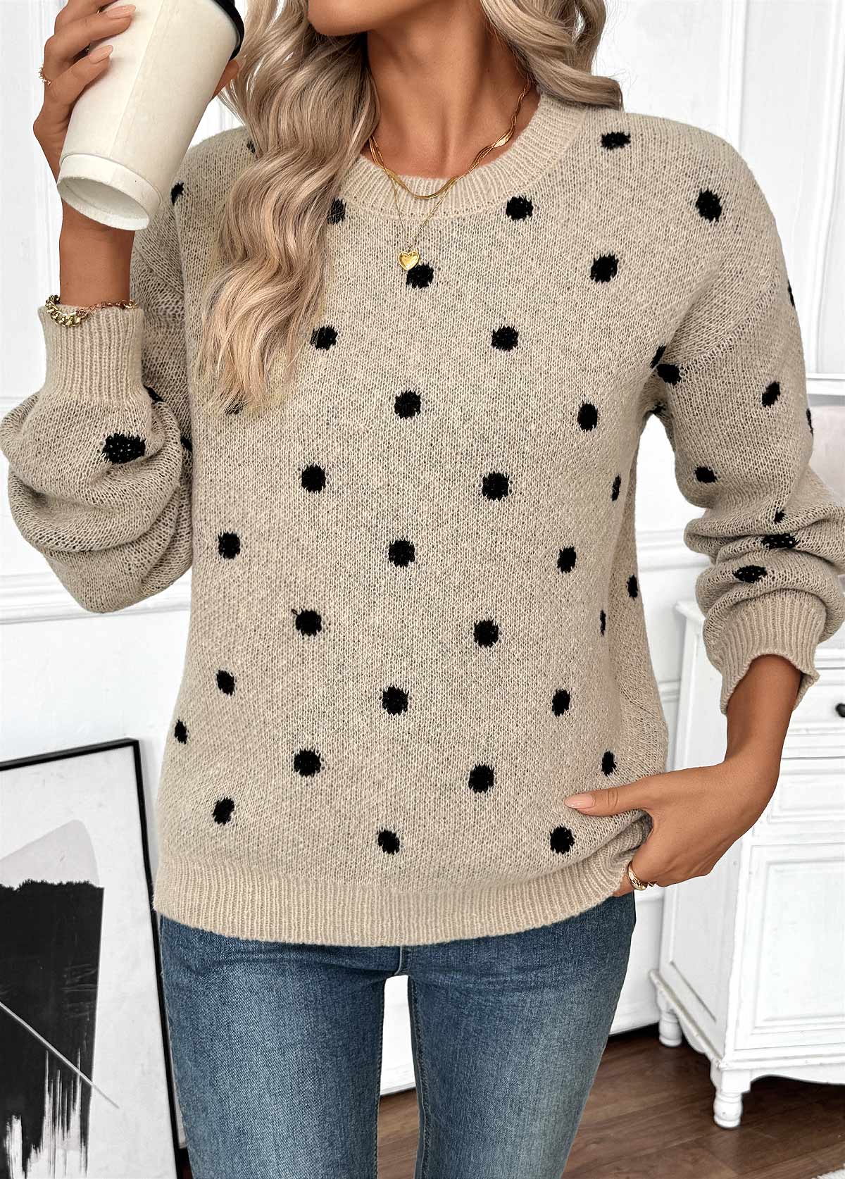 Light Camel tops,Dot tops,Tummy Coverage Polka Dot Light Camel Round Neck Sweater