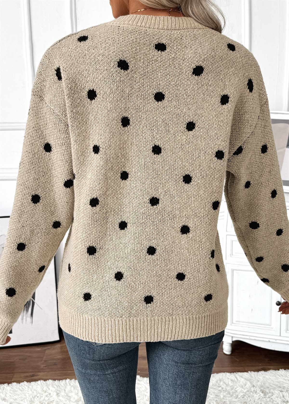 Light Camel tops,Dot tops,Tummy Coverage Polka Dot Light Camel Round Neck Sweater