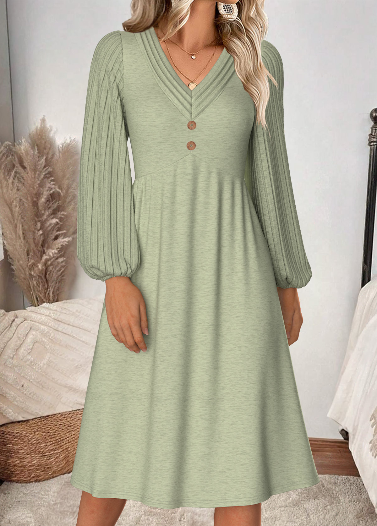 Sage Green dresses,Plain Color dresses,Everyday dresses,Casual dresses,ROTITA Tummy Coverage Sage Green V Neck Long Sleeve Dress