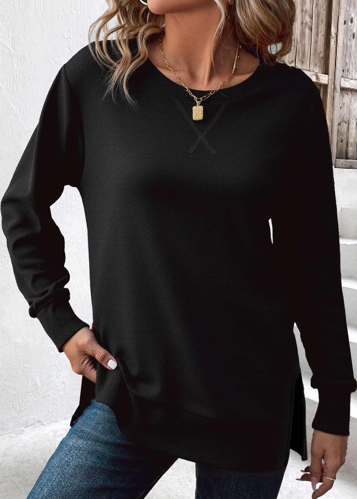 Black tops,Plain Color tops,ROTITA Tummy Coverage Black Round Neck Long Sleeve Sweatshirt