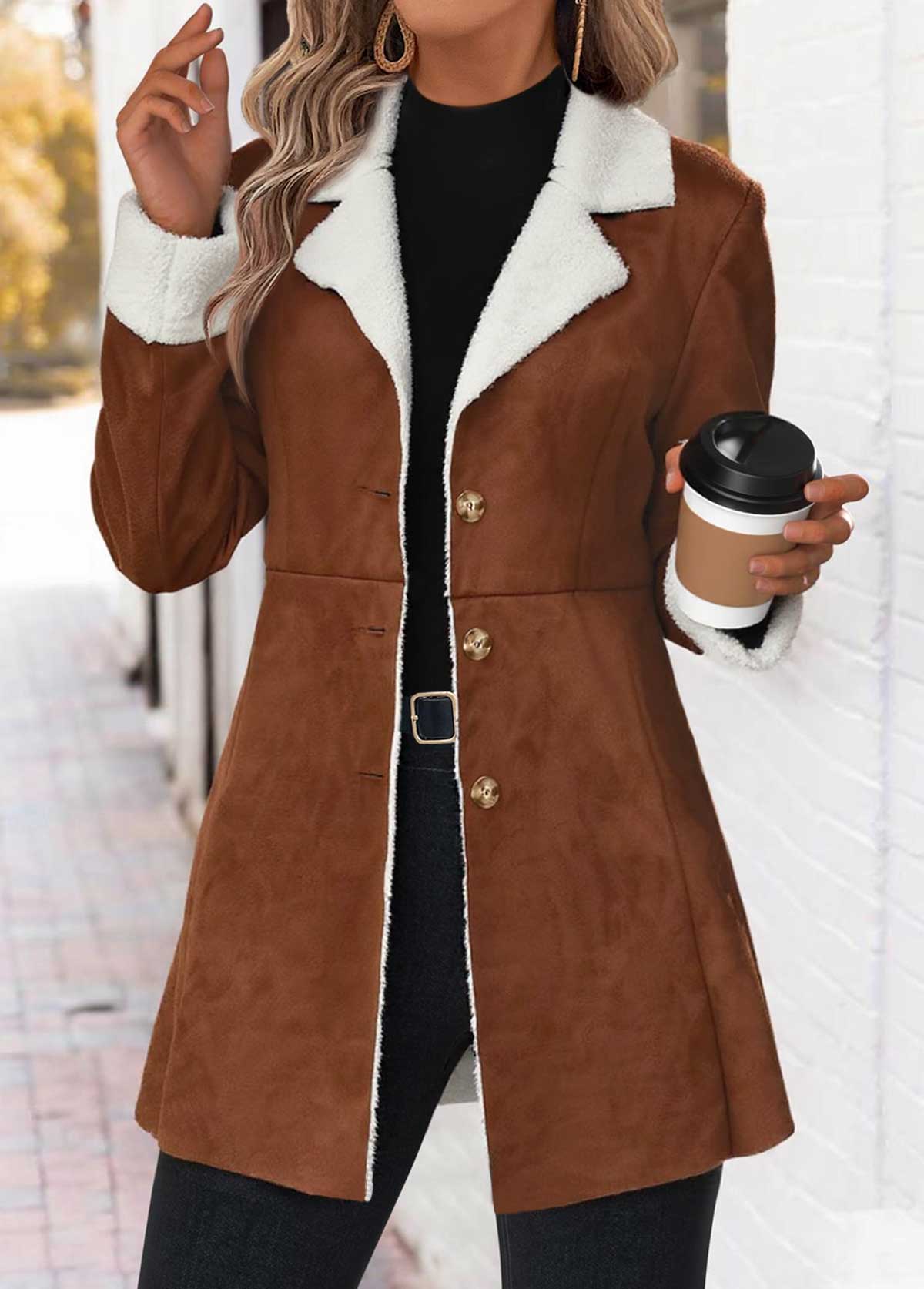 Dark Coffee tops,Contrast Color tops,ROTITA Tummy Coverage Dark Coffee Lapel Long Sleeve Coat