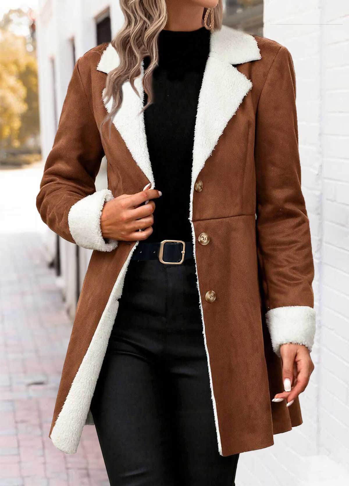 Dark Coffee tops,Contrast Color tops,ROTITA Tummy Coverage Dark Coffee Lapel Long Sleeve Coat