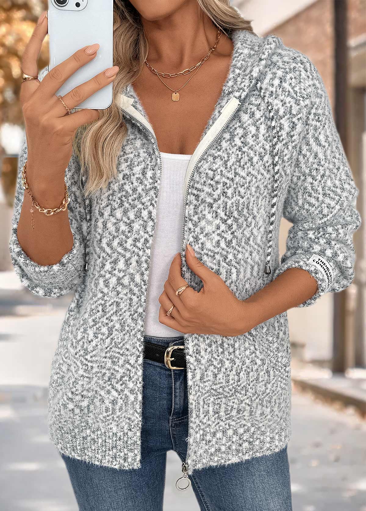 Grey tops,Geometric tops,Tummy Coverage Geometric Print Grey Hooded Long Sleeve Cardigan