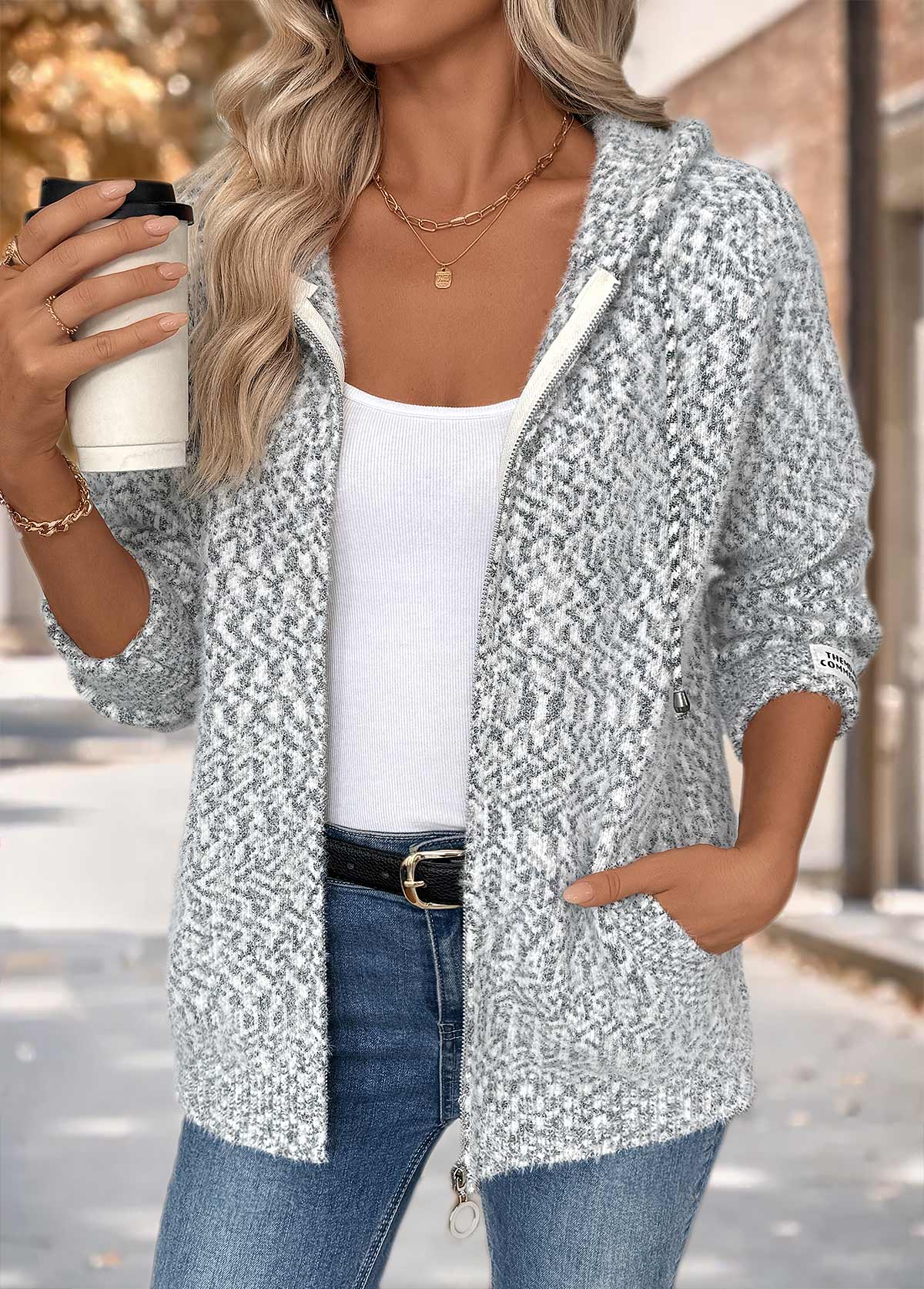 Grey tops,Geometric tops,Tummy Coverage Geometric Print Grey Hooded Long Sleeve Cardigan