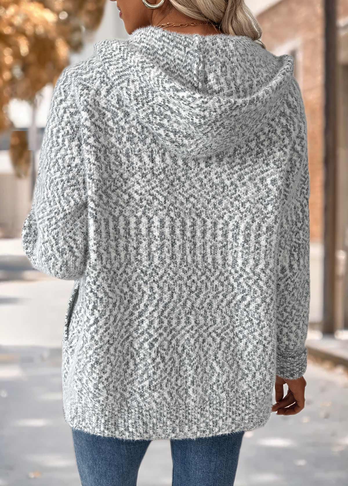 Grey tops,Geometric tops,Tummy Coverage Geometric Print Grey Hooded Long Sleeve Cardigan