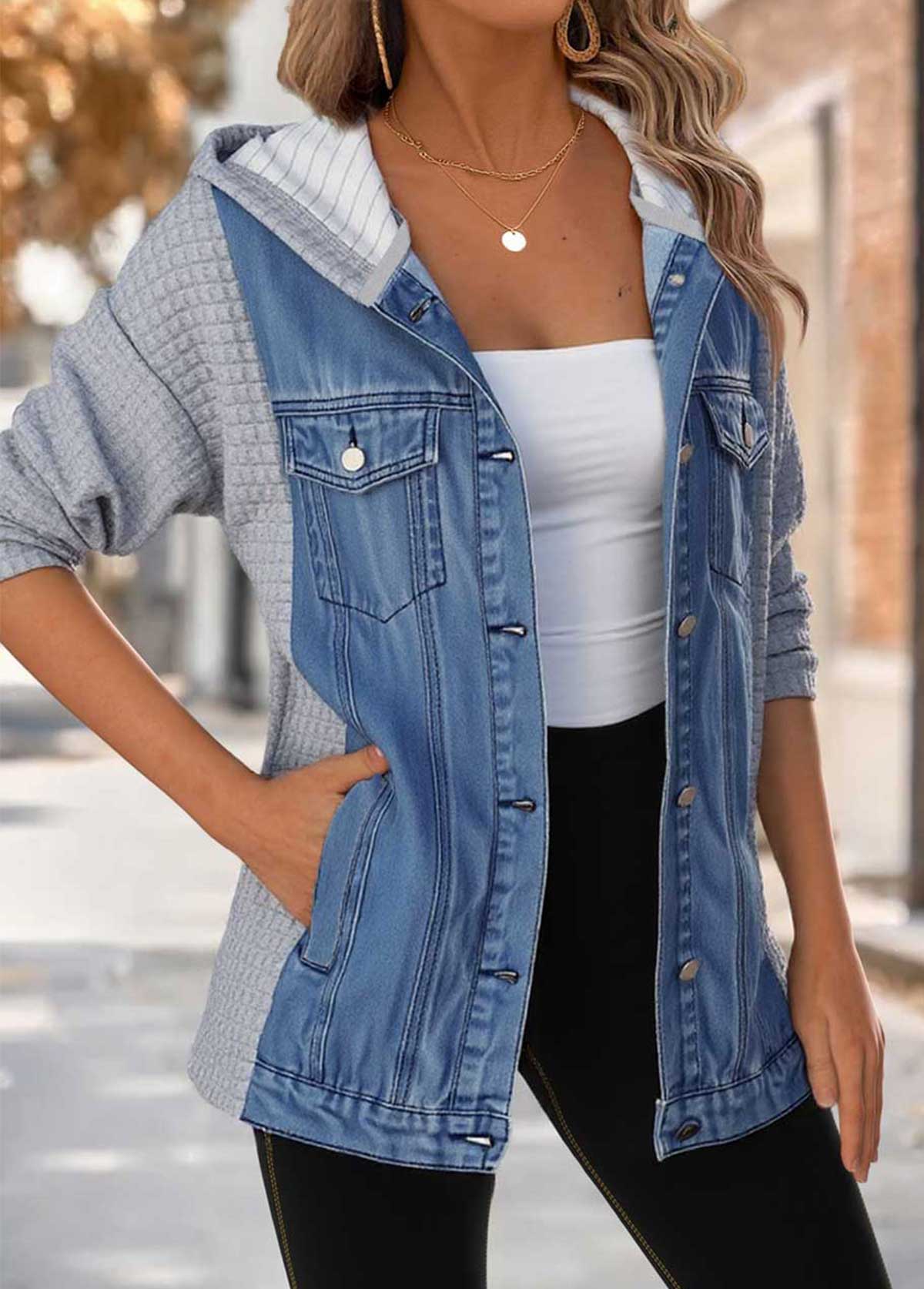 Denim Blue tops,Contrast Color tops,ROTITA Tummy Coverage Denim Blue Hooded Long Sleeve Coat