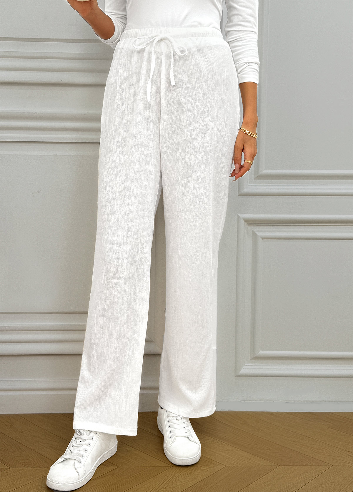 White bottoms,Plain Color bottoms,Pocket White Wide Leg Elastic Waist High Waisted Pants