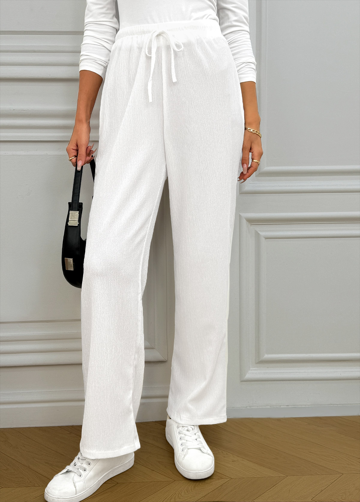 White bottoms,Plain Color bottoms,Pocket White Wide Leg Elastic Waist High Waisted Pants
