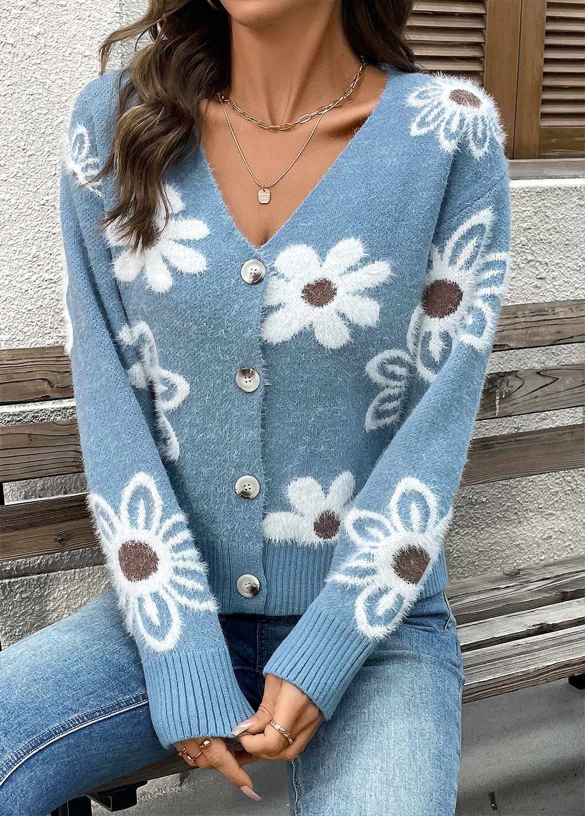 Dusty Blue tops,Floral tops,Plants tops,Tummy Coverage Floral Print Dusty Blue Long Sleeve Cardigan