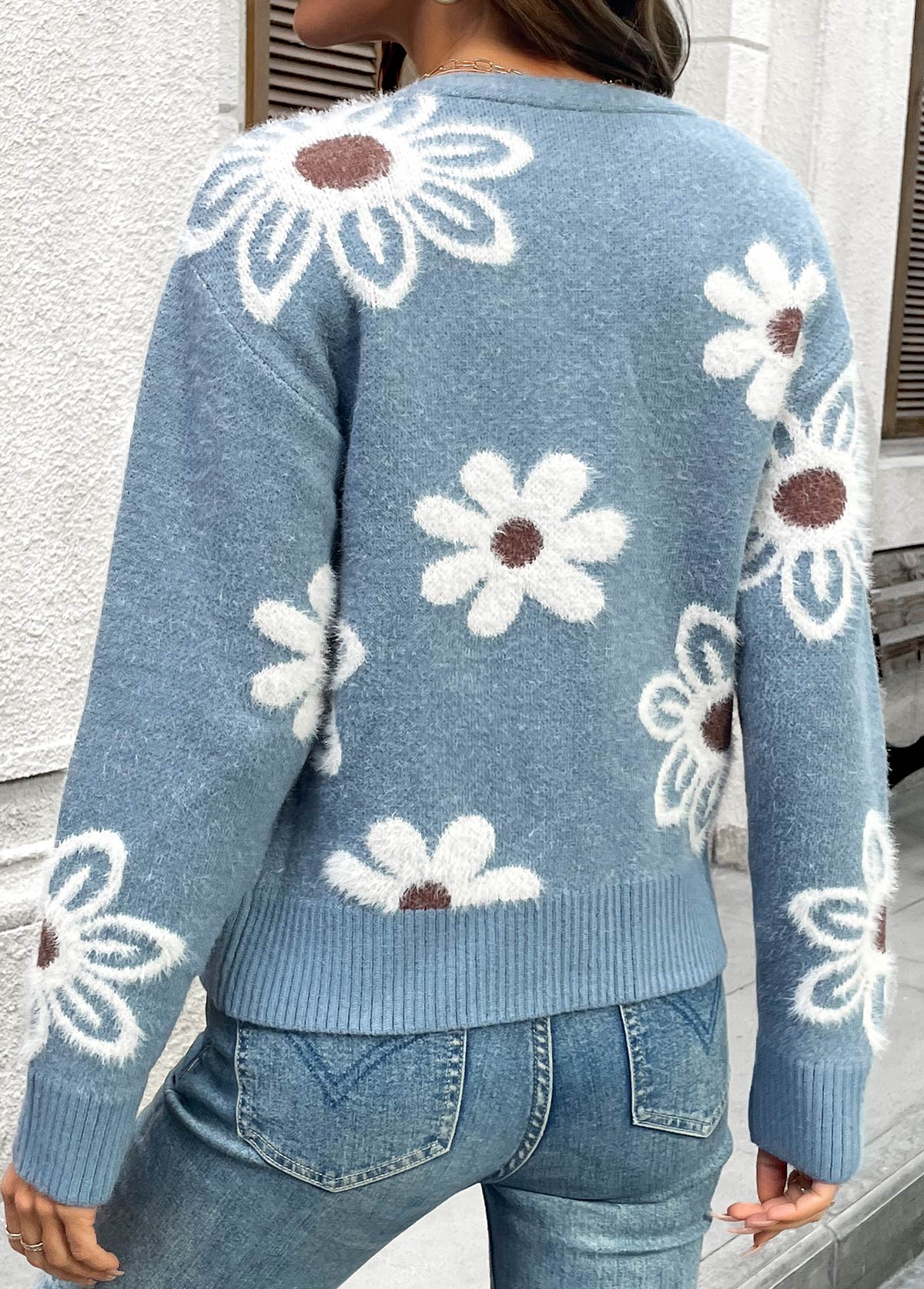 Dusty Blue tops,Floral tops,Plants tops,Tummy Coverage Floral Print Dusty Blue Long Sleeve Cardigan