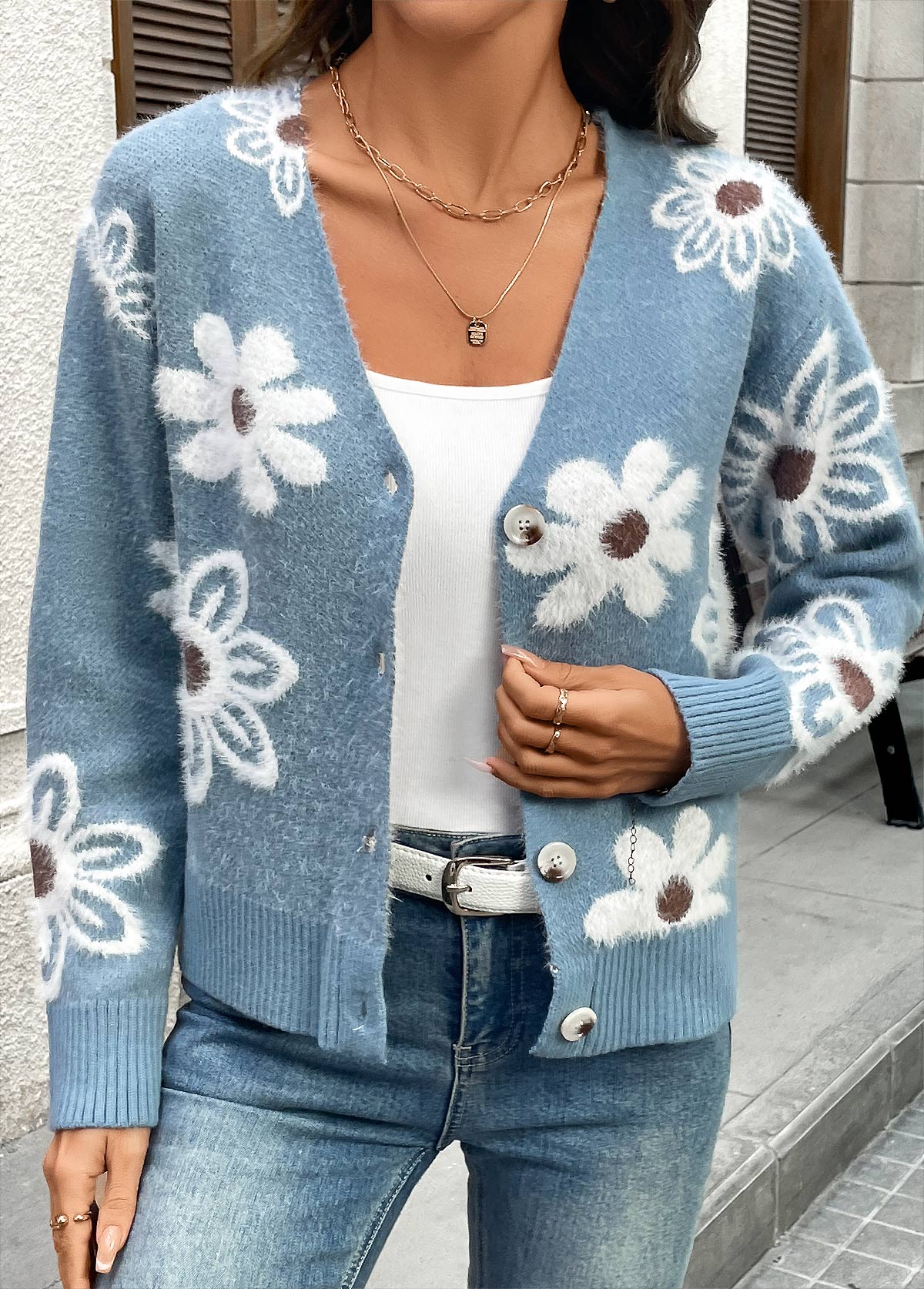 Dusty Blue tops,Floral tops,Plants tops,Tummy Coverage Floral Print Dusty Blue Long Sleeve Cardigan