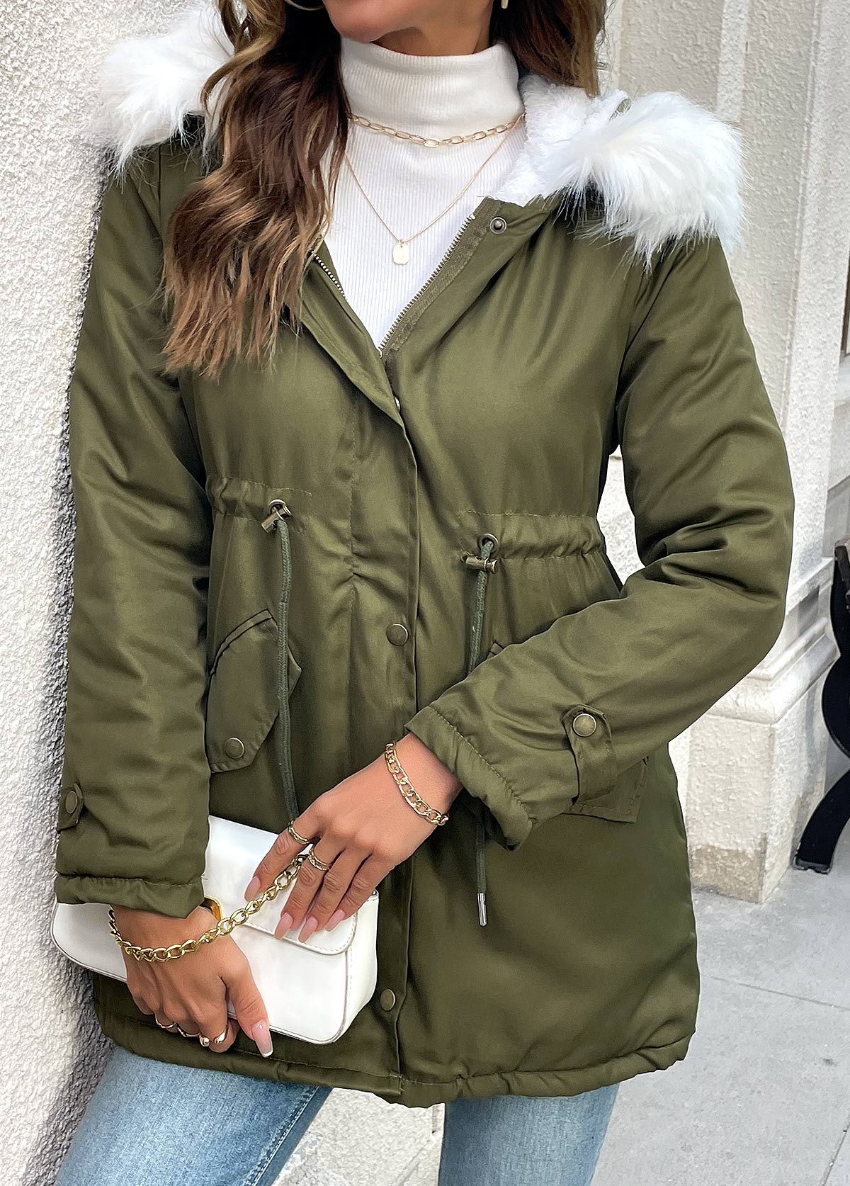 Olive Green tops,Plain Color tops,Tummy Coverage Olive Green Hooded Long Sleeve Coat