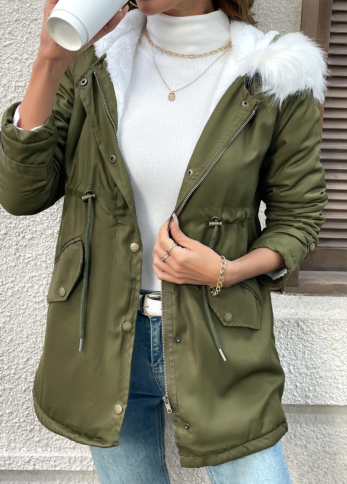Olive Green tops,Plain Color tops,Tummy Coverage Olive Green Hooded Long Sleeve Coat