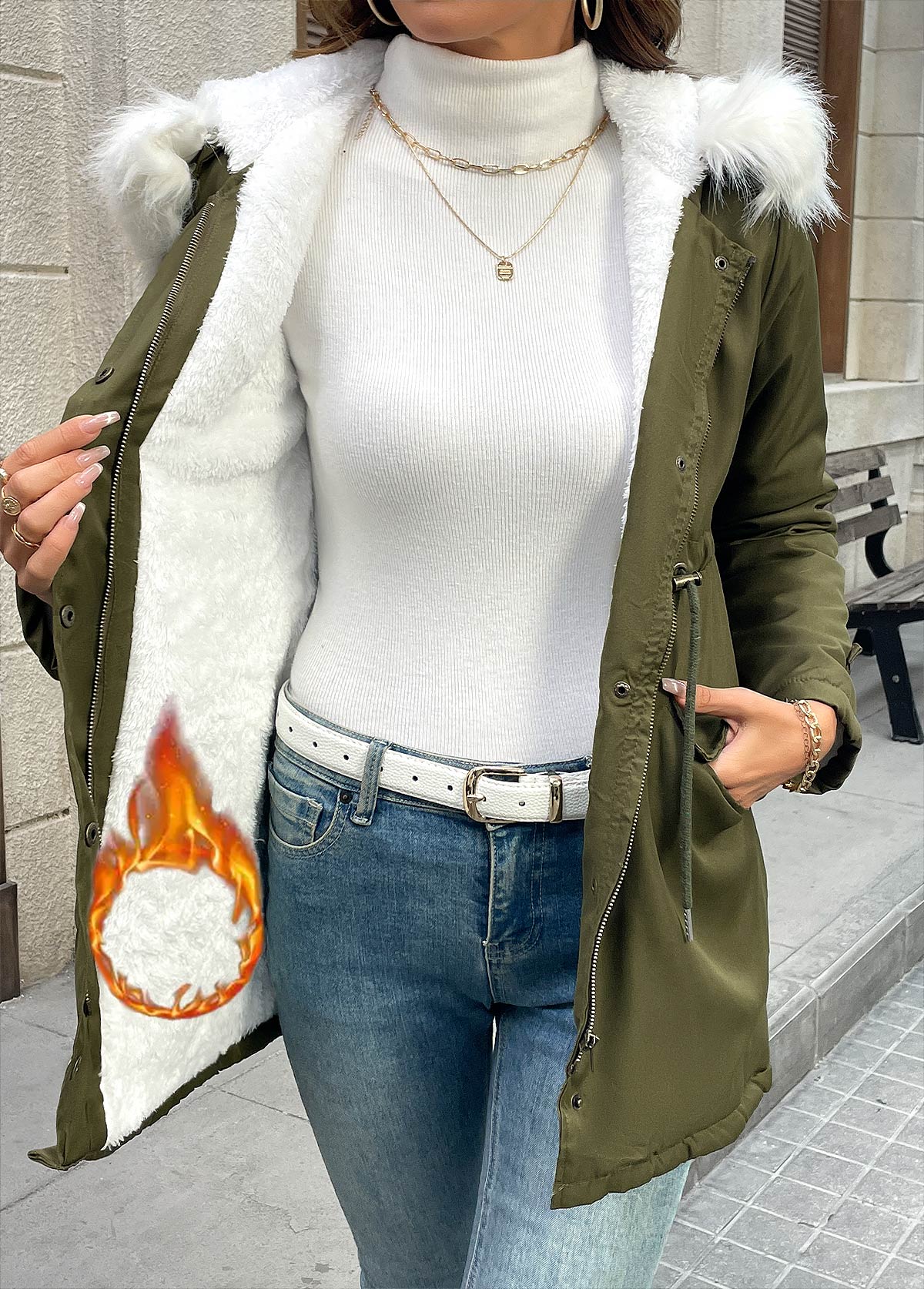 Olive Green tops,Plain Color tops,Tummy Coverage Olive Green Hooded Long Sleeve Coat