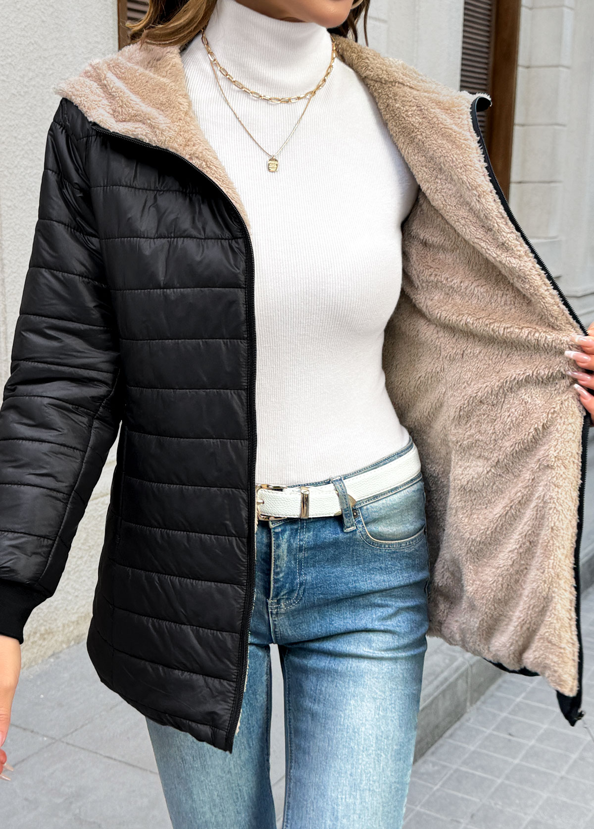 Black tops,Plain Color tops,Tummy Coverage Black Hooded Long Sleeve Coat