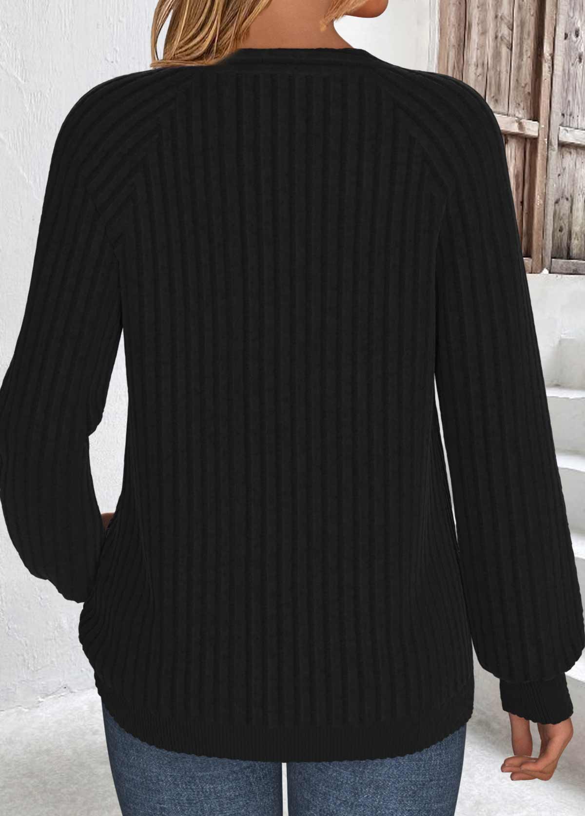 Black tops,Plain Color tops,ROTITA Black Split Neck Long Sleeve Sweatshirt