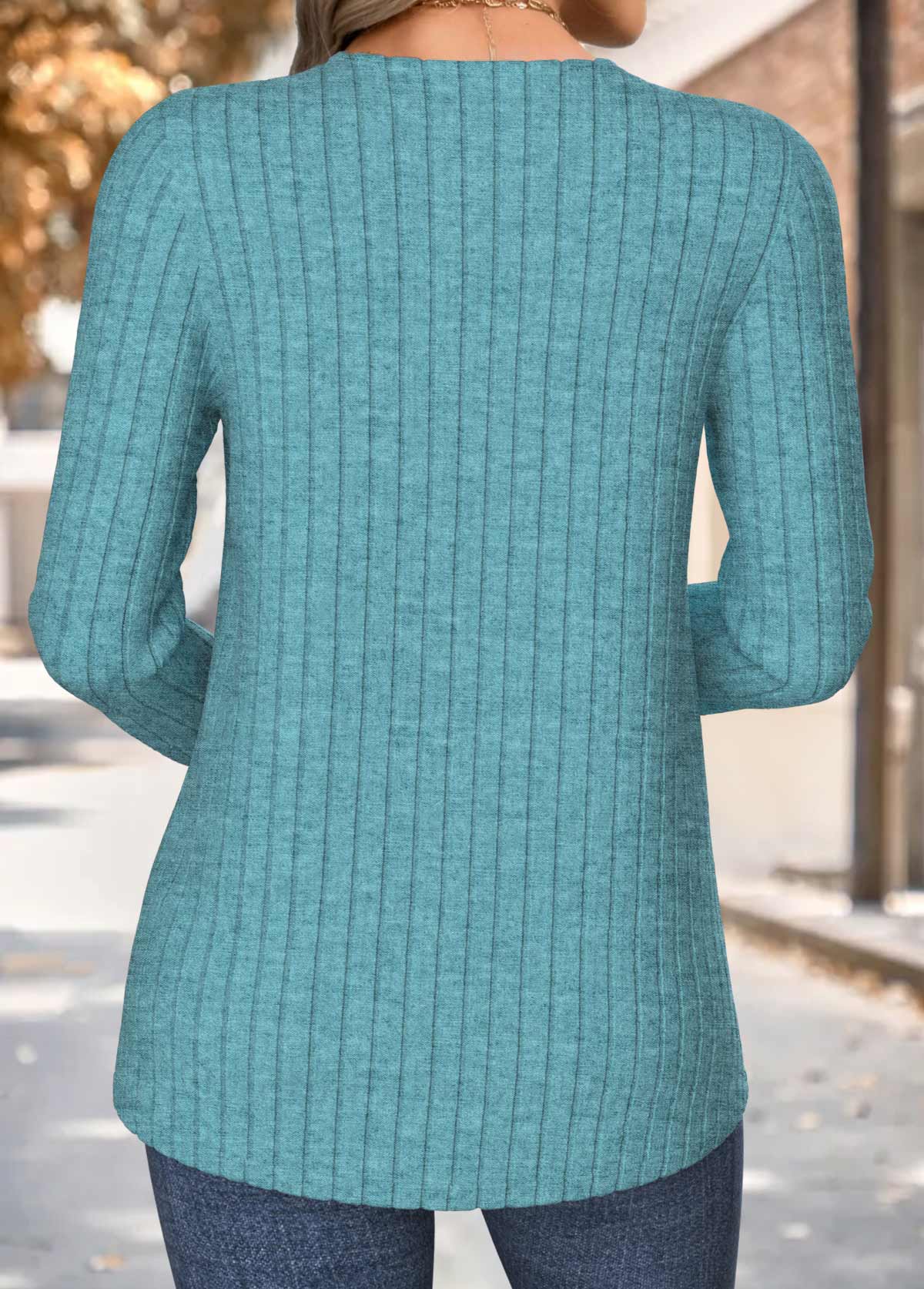 Mint Green tops,Plain Color tops,ROTITA Patchwork Multi Color V Neck Long Sleeve T Shirt