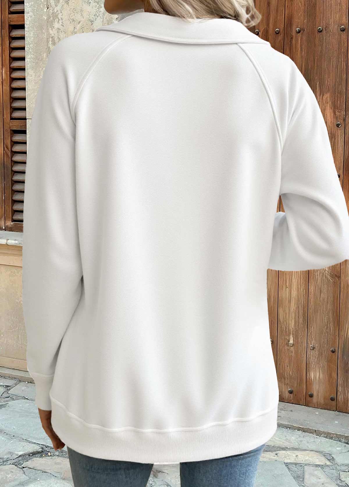 White tops,Plain Color tops,ROTITA Tummy Coverage White Turn Down Collar Long Sleeve Sweatshirt