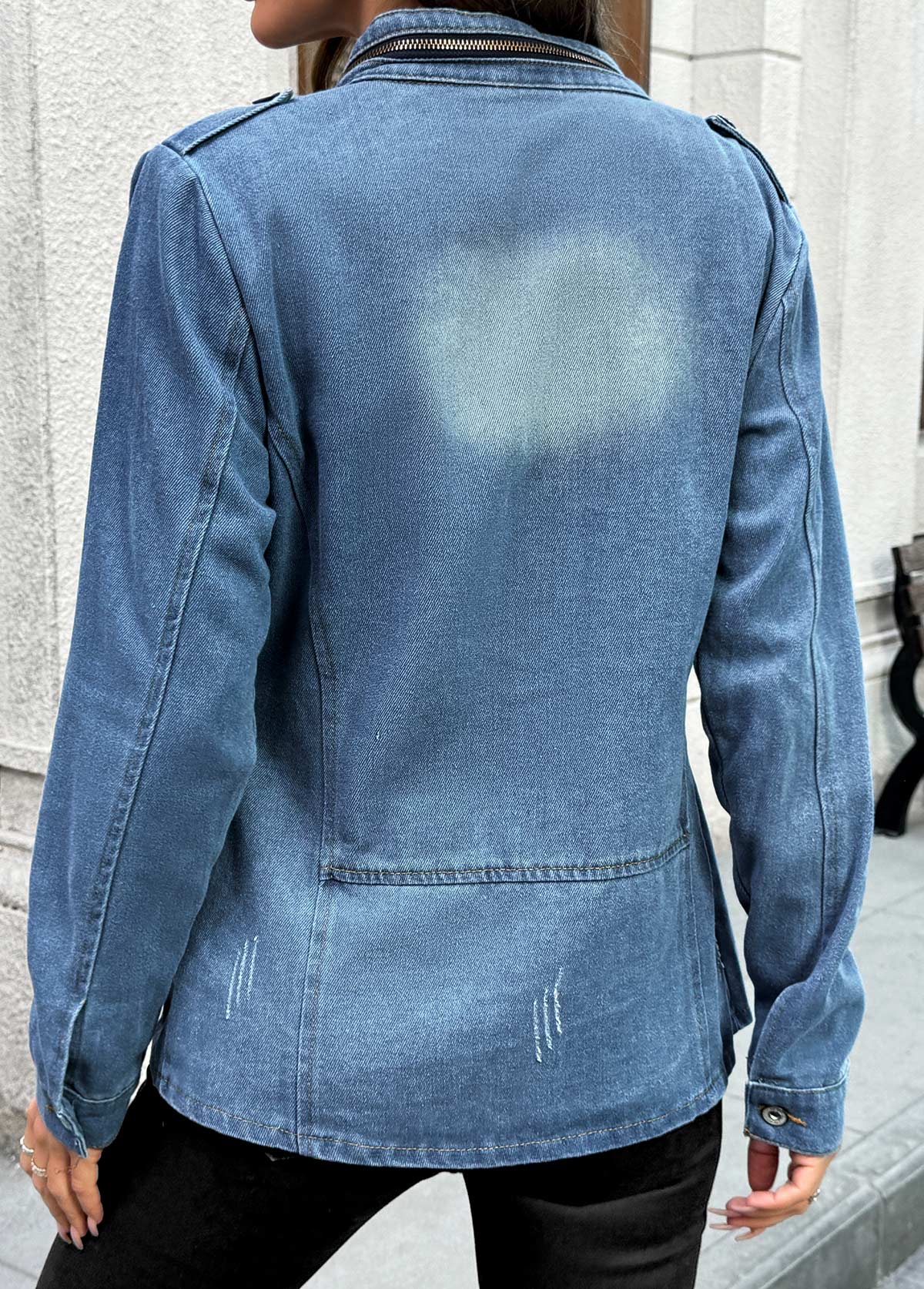 Denim Blue tops,Plain Color tops,Patch Pocket Denim Blue Stand Collar Long Sleeve Coat