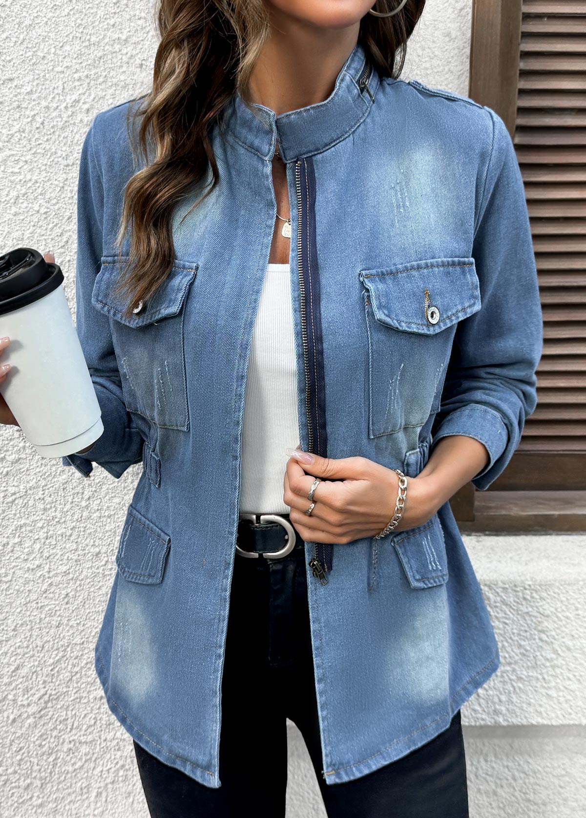Denim Blue tops,Plain Color tops,Patch Pocket Denim Blue Stand Collar Long Sleeve Coat