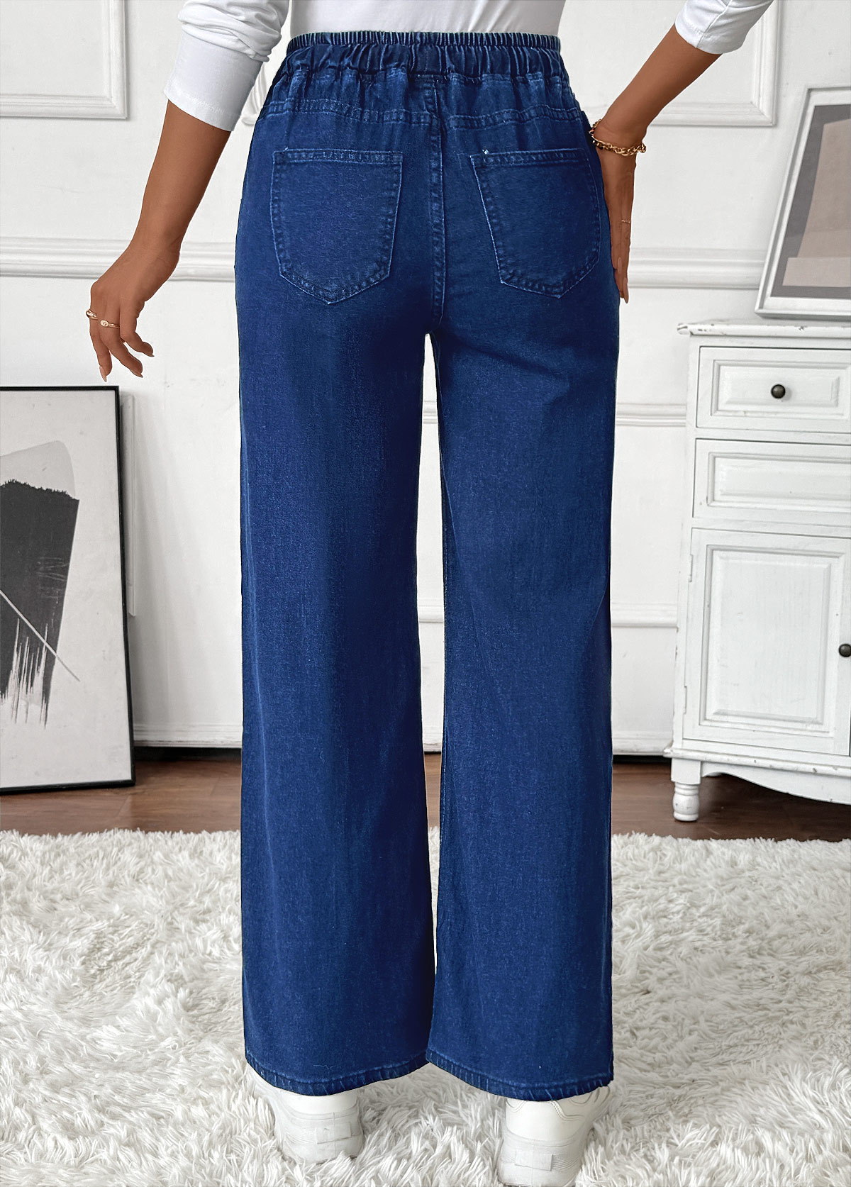 Denim Blue bottoms,Plain Color bottoms,Pocket Denim Blue Wide Leg Elastic Waist Jeans