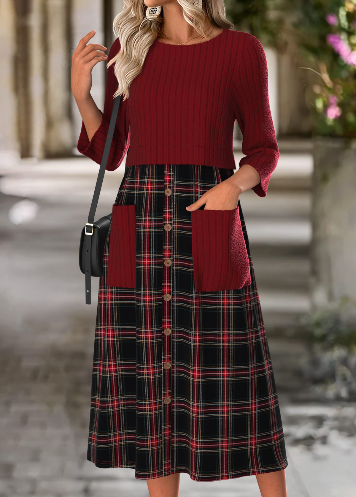 Wine Red dresses,Plaid dresses,Geometric dresses,Everyday dresses,Casual dresses,ROTITA Tummy Coverage Plaid Wine Red Round Neck Dress