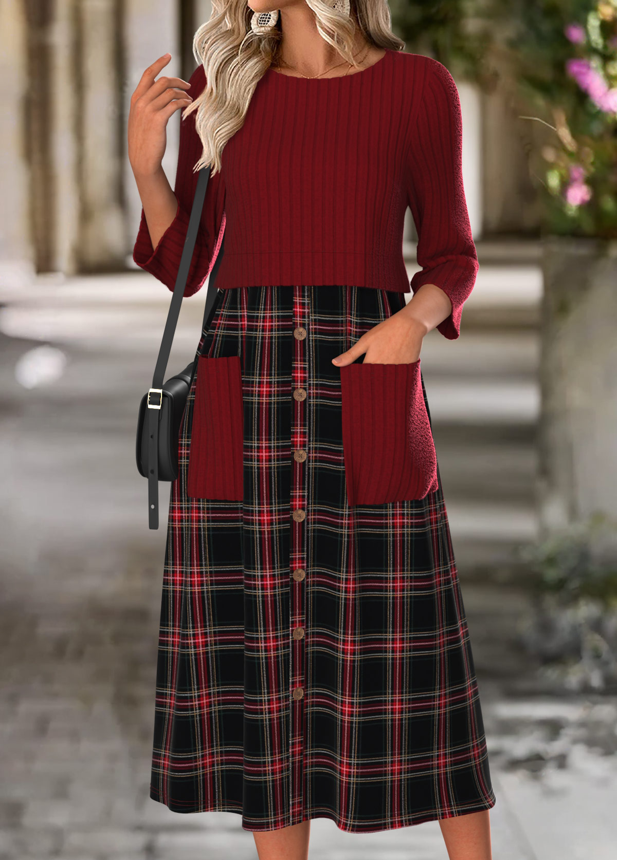 Wine Red dresses,Plaid dresses,Geometric dresses,Everyday dresses,Casual dresses,ROTITA Tummy Coverage Plaid Wine Red Round Neck Dress