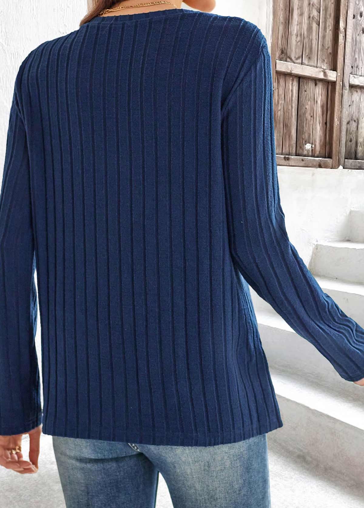 Navy tops,Plain Color tops,ROTITA Navy Round Neck Long Sleeve T Shirt