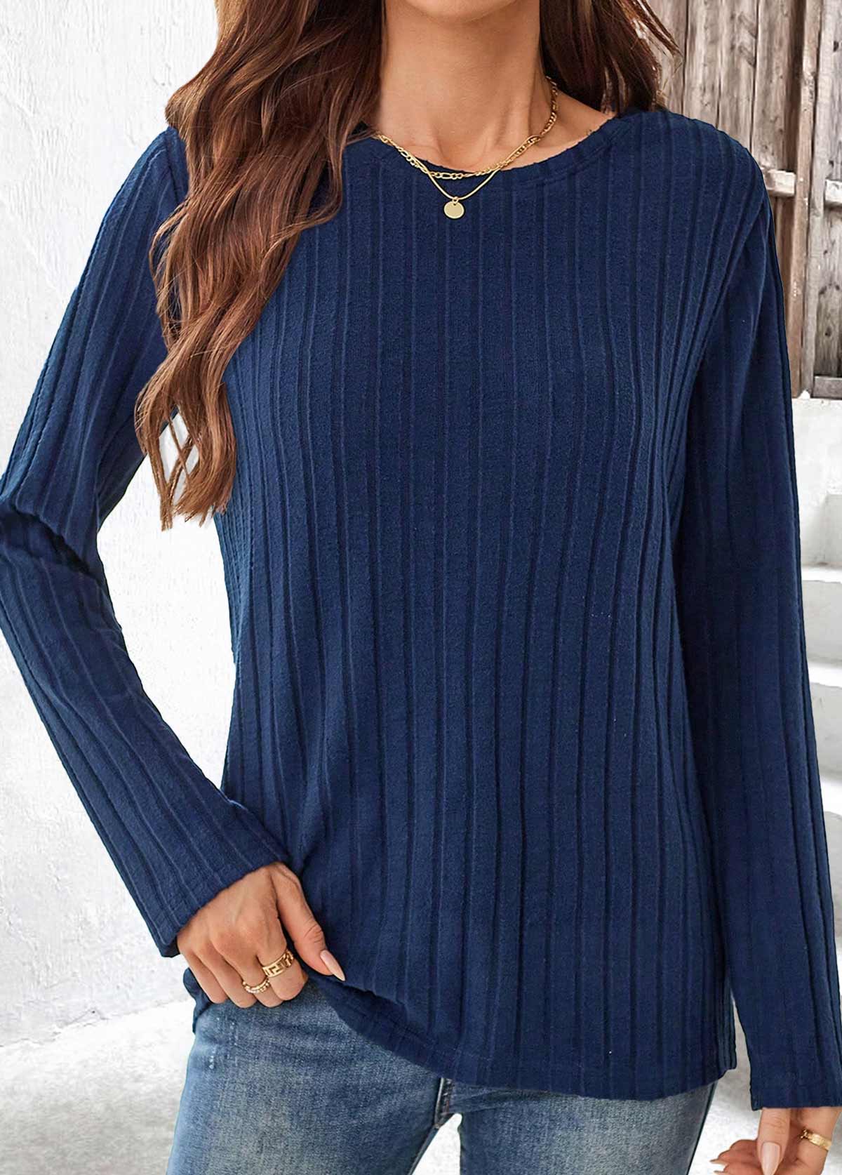 Navy tops,Plain Color tops,ROTITA Navy Round Neck Long Sleeve T Shirt