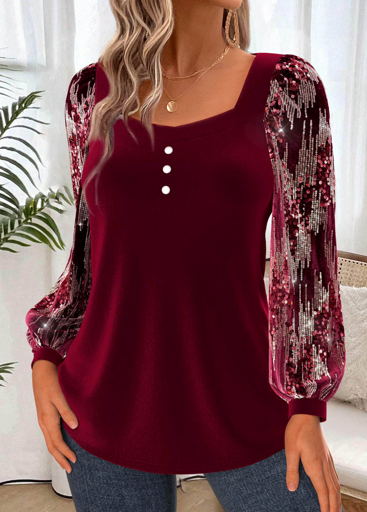 Wine Red tops,Plain Color tops,ROTITA Tummy Coverage Wine Red Heart Collar Long Sleeve Blouse