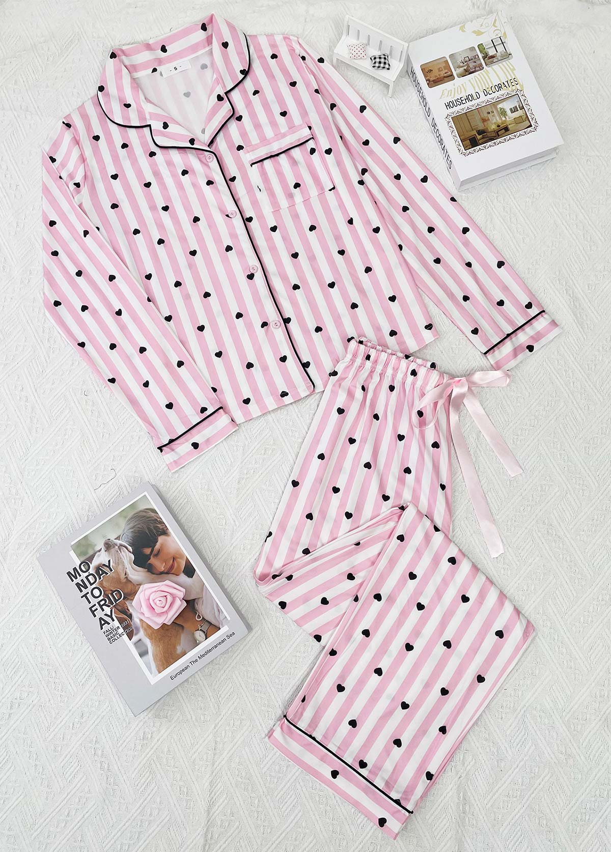 Pink loungewear,Heart loungewear,Heart Print Pink Long Sleeve Lounge Top and Pants