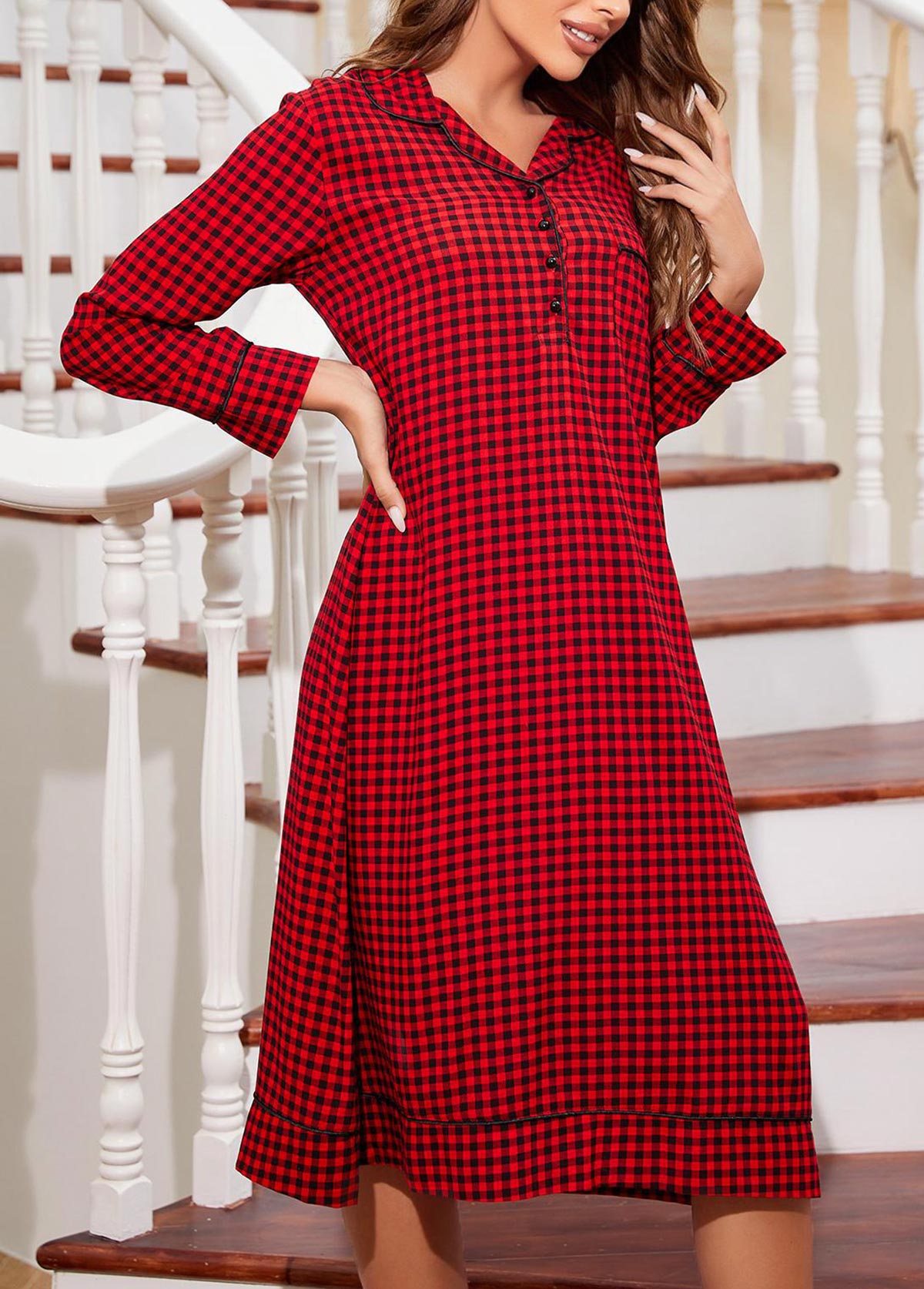 Red loungewear,Plaid loungewear,Geometric loungewear,Plaid Red Turn Down Collar Long Sleeve Nightdress