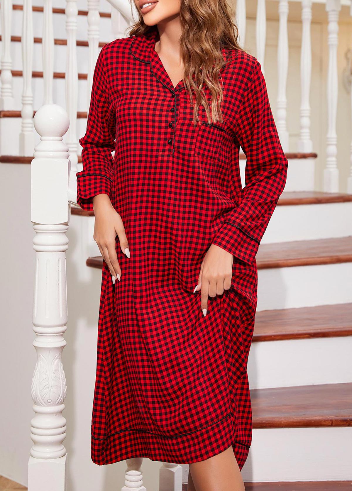 Red loungewear,Plaid loungewear,Geometric loungewear,Plaid Red Turn Down Collar Long Sleeve Nightdress