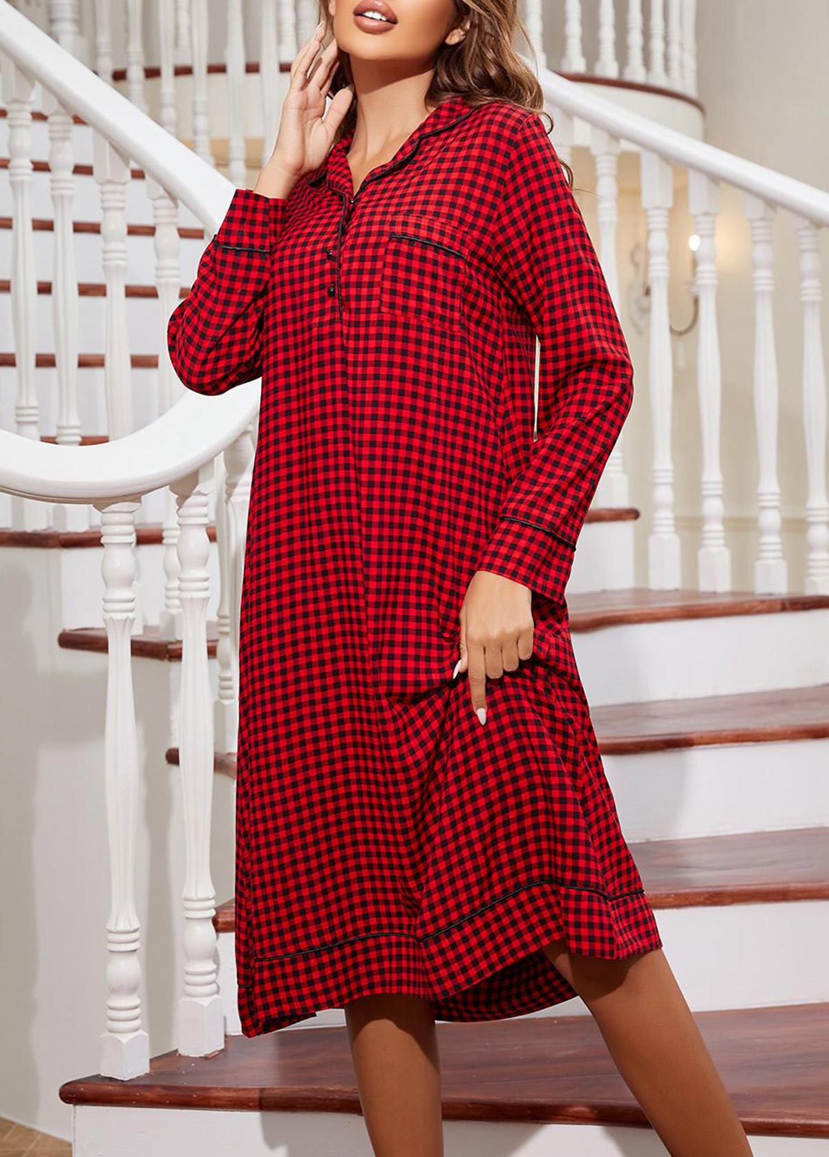 Red loungewear,Plaid loungewear,Geometric loungewear,Plaid Red Turn Down Collar Long Sleeve Nightdress