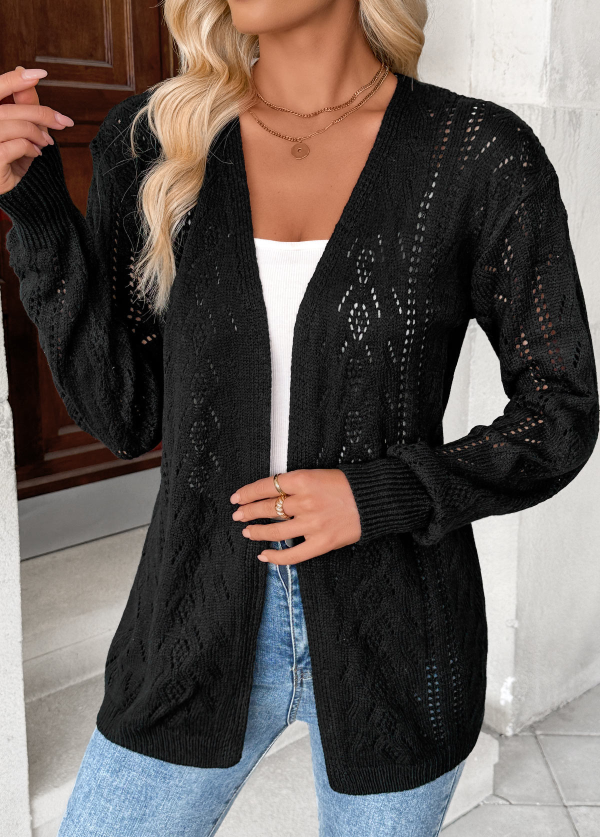 Black tops,Plain Color tops,Black Color Long Sleeve Tunic Cardigan