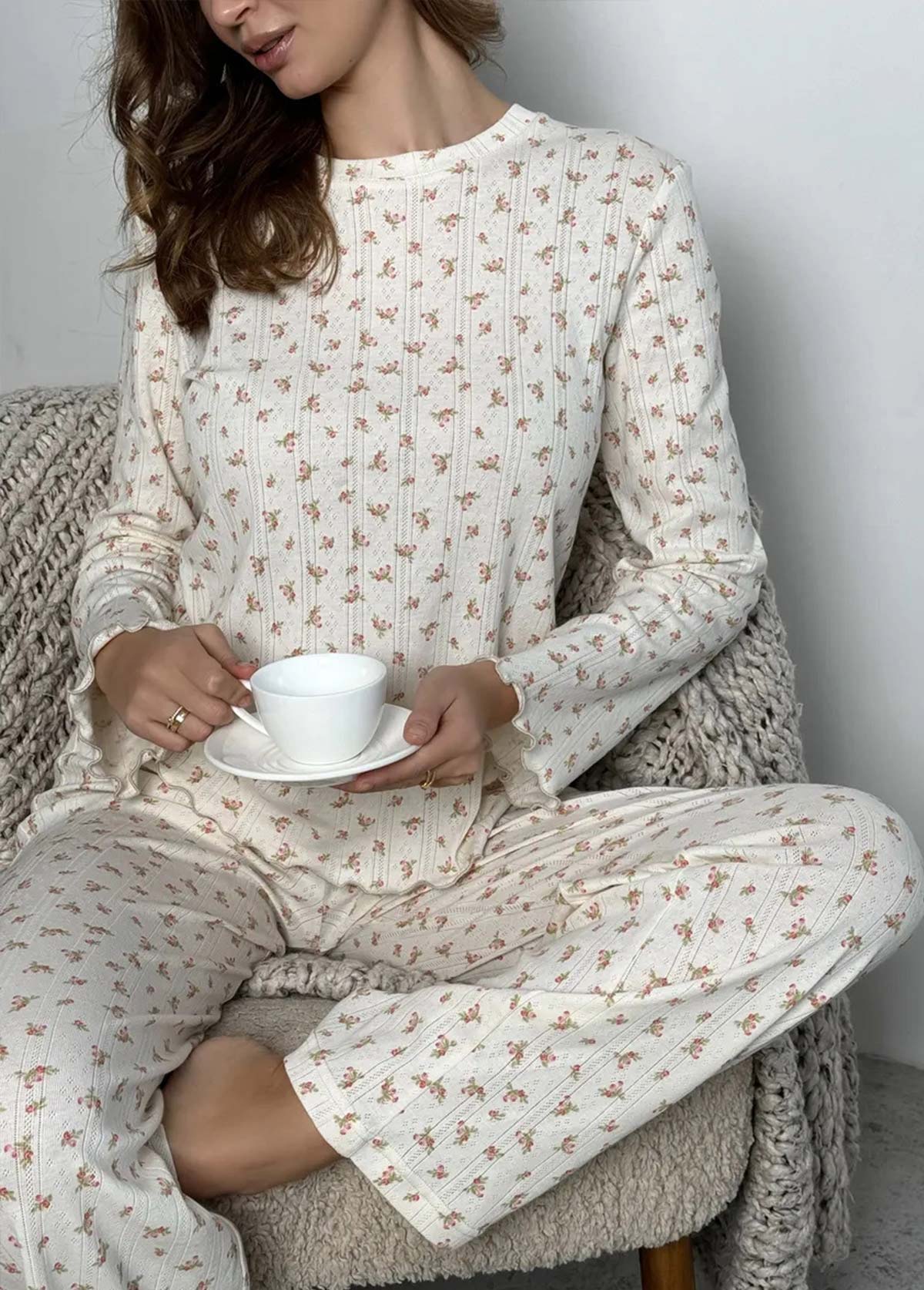 Beige loungewear,Ditsy Floral loungewear,Ditsy Floral Print Beige Lounge Top and Pants