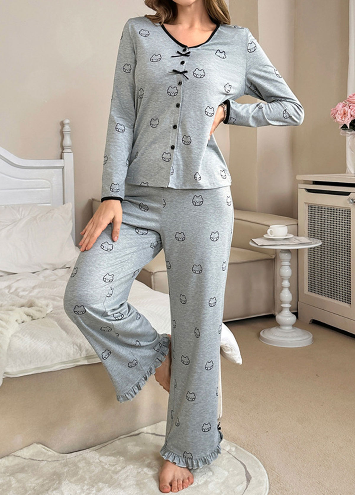 Light Grey loungewear,Animal Print loungewear,Animal Print Light Grey Lounge Top and Pants
