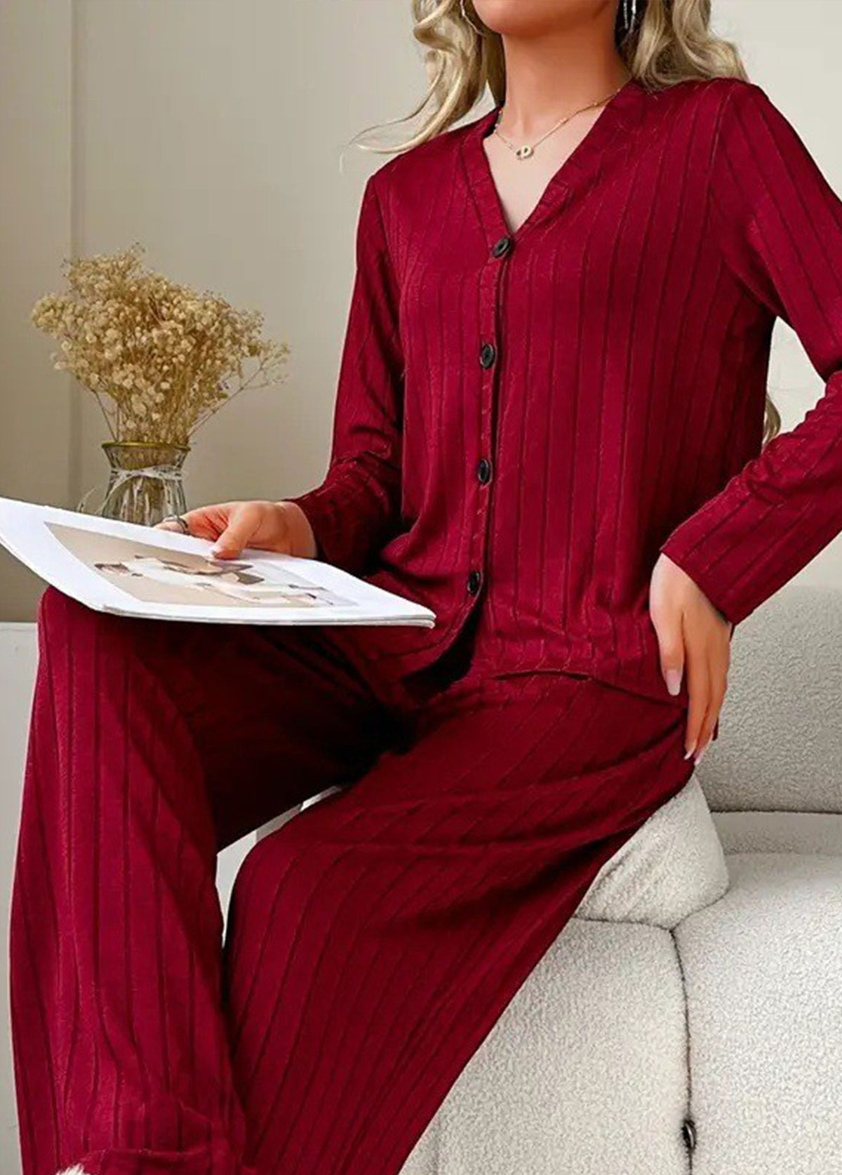 Wine Red loungewear,Plain Color loungewear,Wine Red V Neck Lounge Top and Pants