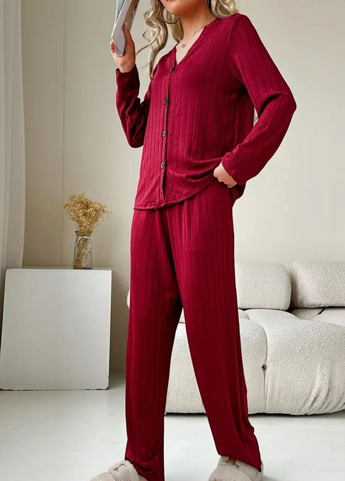 Wine Red loungewear,Plain Color loungewear,Wine Red V Neck Lounge Top and Pants