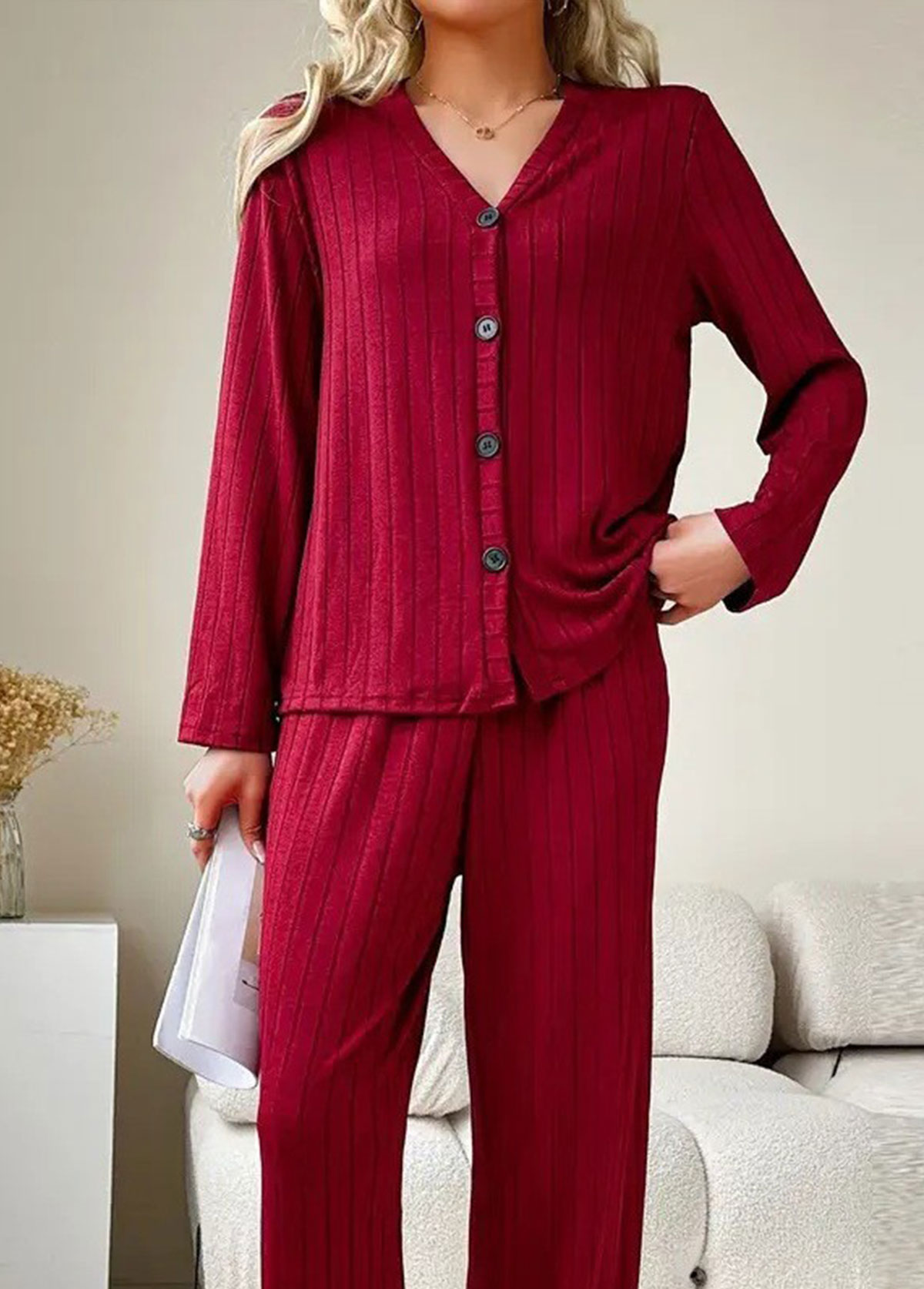 Wine Red loungewear,Plain Color loungewear,Wine Red V Neck Lounge Top and Pants
