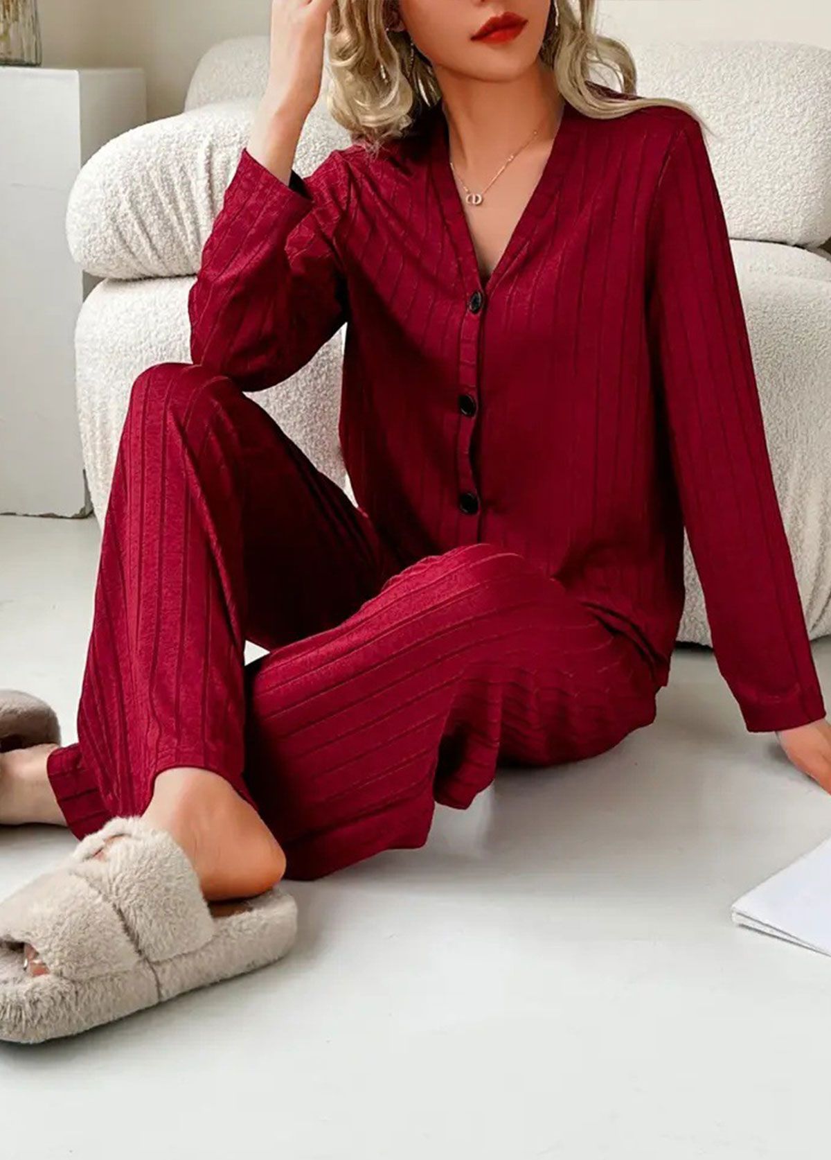 Wine Red loungewear,Plain Color loungewear,Wine Red V Neck Lounge Top and Pants