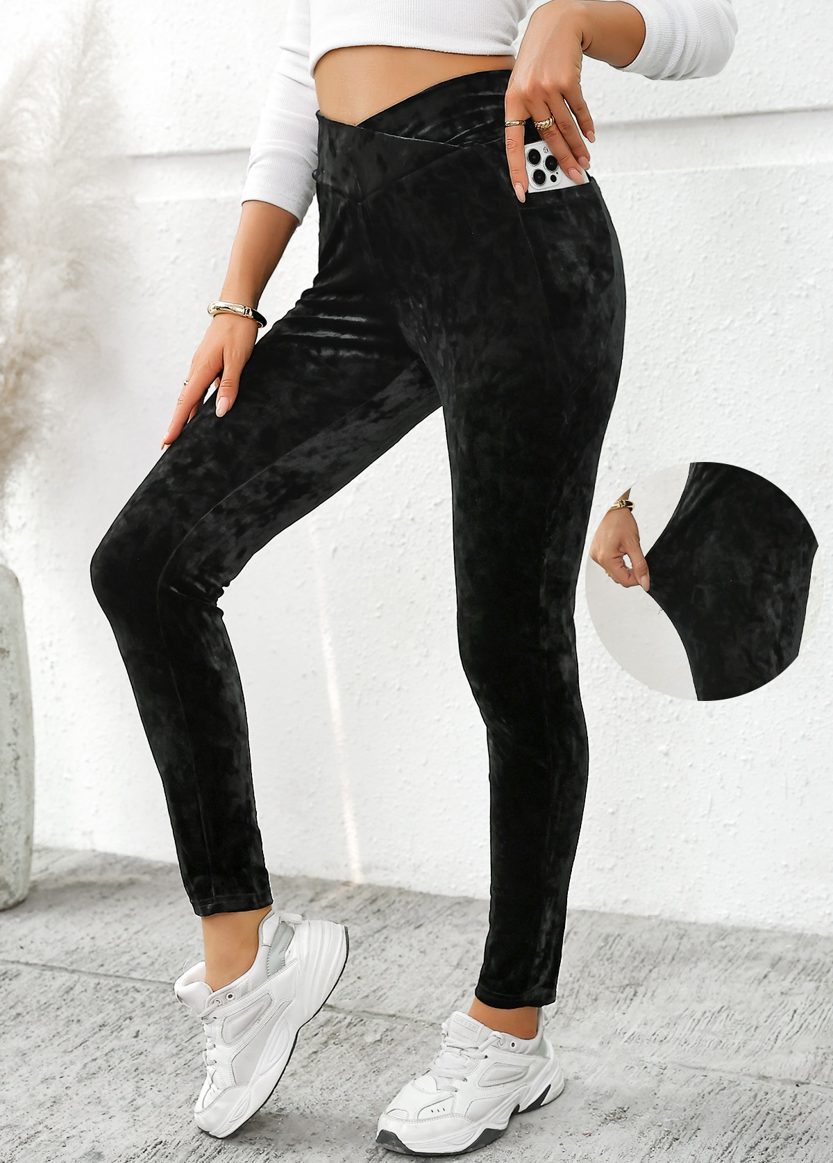 Black bottoms,Plain Color bottoms,Pocket Black Skinny Elastic Waist High Waisted Pants